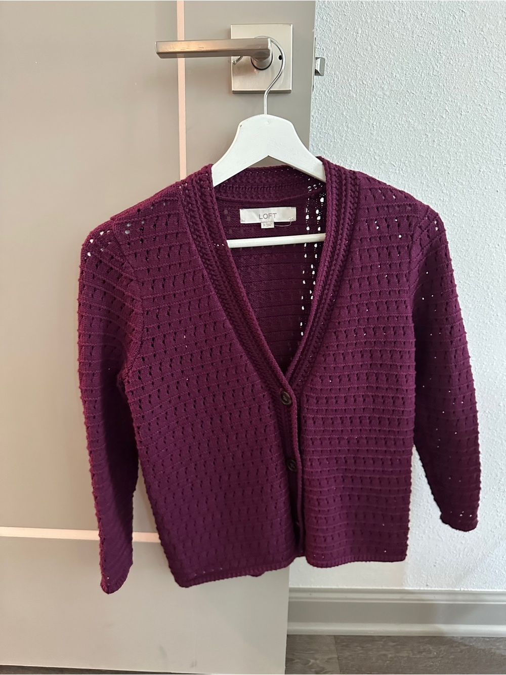 LOFT Plum Openwork V-Neck Cardigan